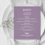 Budget Simple Elegant Lavender Wedding Menu<br><div class="desc">A small affordable, value paper lavender dinner menu card with your food choices in chic white lettering is perfect for a modern wedding reception, wedding rehearsal dinner, anniversary party, or any special event with a sit-down dinner. *Measures 4.5" x 5.6" (or choose from 2 other sizes) printed on 110 lb....</div>