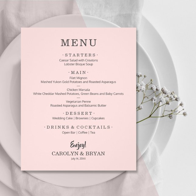 Budget Simple Elegant Pink Wedding Menu (Creator Uploaded)