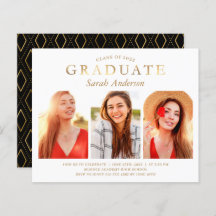 Budget Simple Gold 3 Photo Graduation Invitation