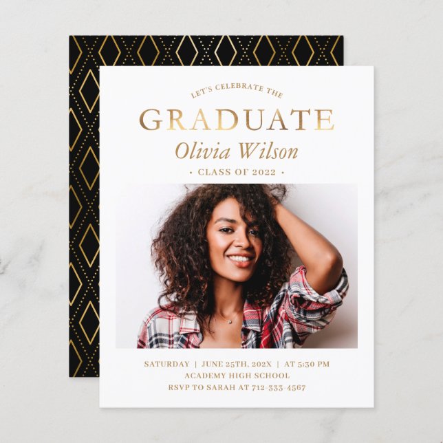 Budget Simple Gold Photo Graduation Invitations (Front/Back)