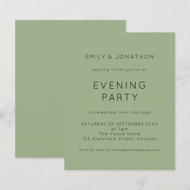 Budget Simple Green Wedding Evening Party Invite (Front/Back)