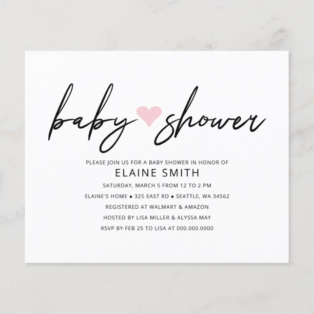 Budget Simple Heart Pink Baby Shower Invitation (Front)