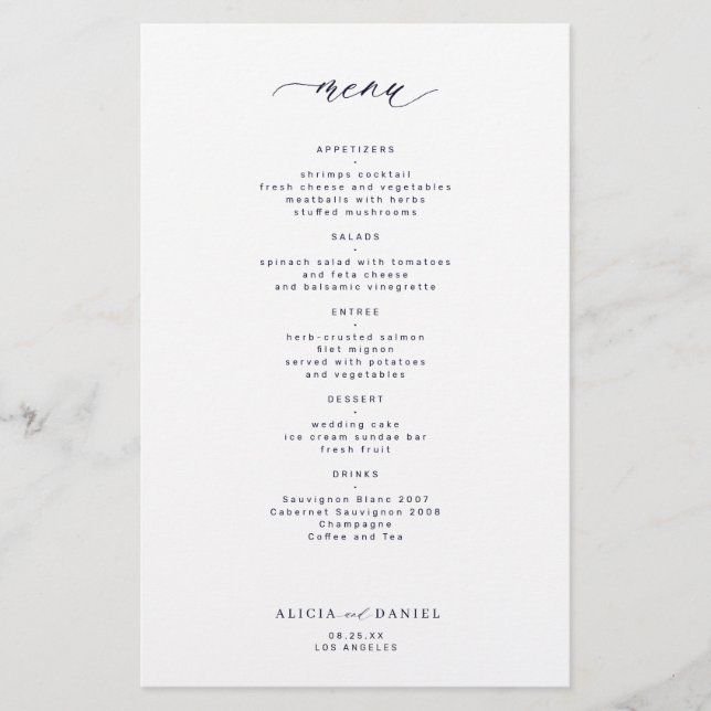 Budget simple midnight navy white wedding menu (Front)