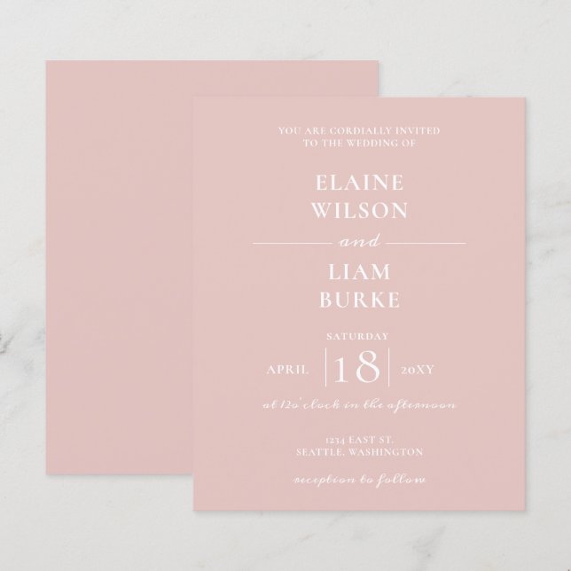Budget Simple Modern Blush Wedding Invitation (Front/Back)