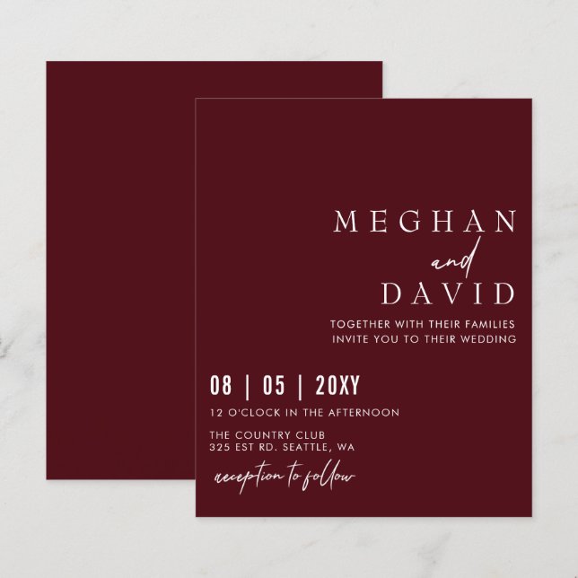 Budget Simple Modern Burgundy Wedding Invitation (Front/Back)