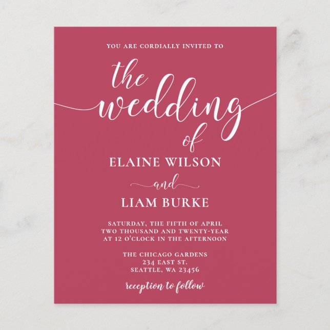 Budget Simple Modern Magenta Wedding Invitation (Front)