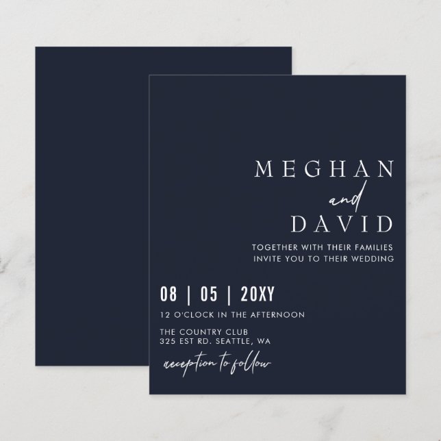 Budget Simple Modern Navy Wedding Invitation (Front/Back)