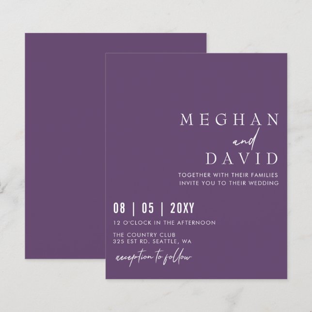 Budget Simple Modern Purple Wedding Invitation (Front/Back)