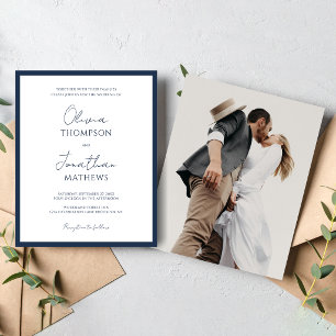 BUDGET Simple Navy Blue Script Photo Wedding