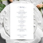 Budget simple navy typography wedding menu<br><div class="desc">Simple white trendy minimalist calligraphy script custom text template BUDGET affordable wedding menu card. PLEASE READ THIS BEFORE PURCHASING! This is a budget wedding card printed on a paper sheet (each sheet has one card). For the best rapport price quality, our advice is to choose the Semi-Gloss paper type (it...</div>