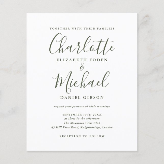 Budget Simple Olive Script Wedding Invitation (Front)
