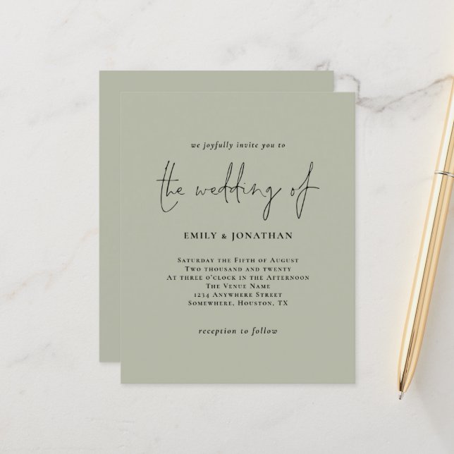 Budget Simple Pale Sage Green Wedding Invitation (Front/Back In Situ)