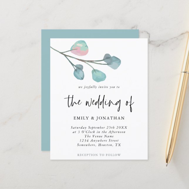Budget Simple Pastel Eucalyptus Wedding Invitation (Front/Back In Situ)