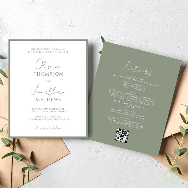 BUDGET Simple Sage Green Script QR Code Wedding (Creator Uploaded)