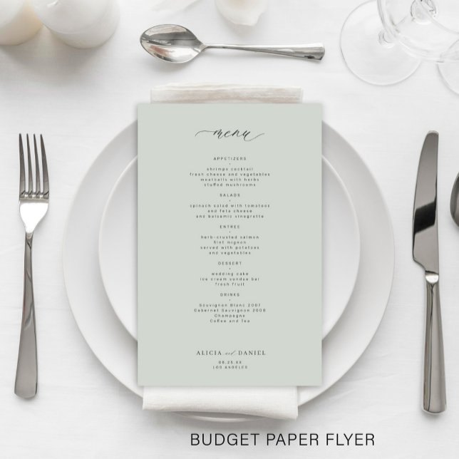 Budget simple sage green wedding menu (Creator Uploaded)