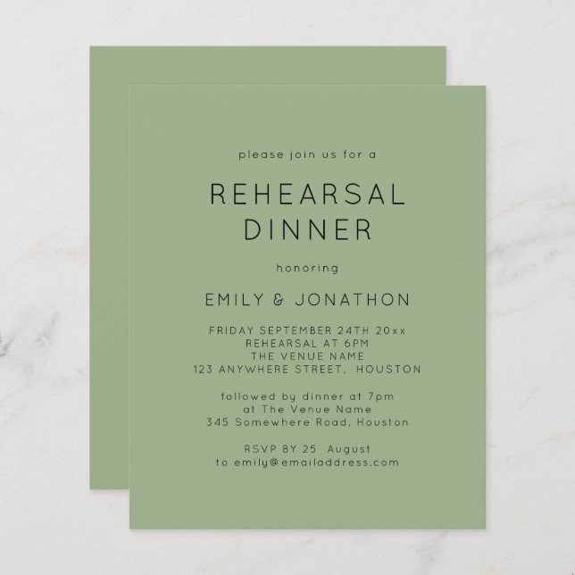 Budget Simple Sage Rehearsal Dinner Wedding Invite (Front/Back)