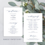 Budget simple script navy white wedding program flyer<br><div class="desc">Modern simple minimalist navy script trendy ceremony and party BUDGET affordable wedding program PAPER FLYER template featuring chic trendy calligraphy. Easy to personalise with your custom text on both sides! PLEASE READ THIS BEFORE PURCHASING! This is a low budget affordable program printed on a FLYER (advertising type paper). Please note...</div>