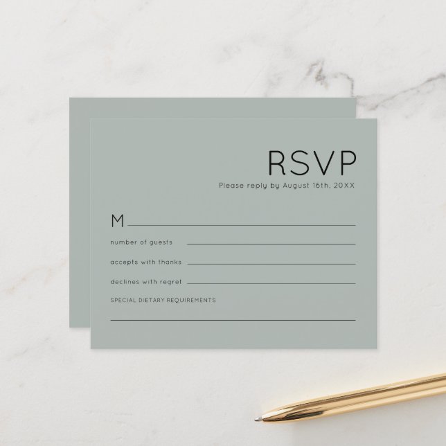 Budget Simple Silvery Sage Green Wedding RSVP (Front/Back In Situ)