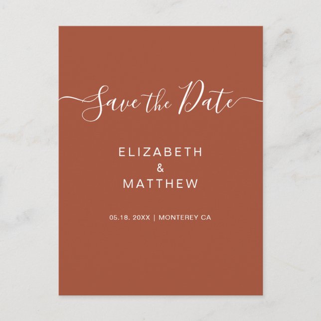 Budget Simple Terracotta Script Save The Date Announcement Postcard (Front)