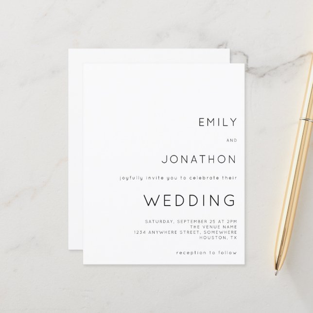 Budget Simple Text Black White Wedding Invitation (Front/Back In Situ)