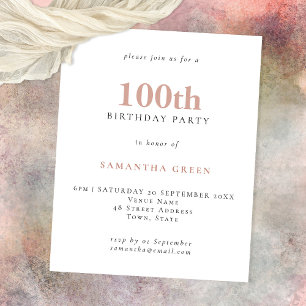 Budget Simple Text Blush 100th Birthday Invitation