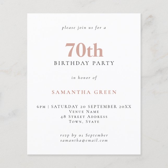 Budget Simple Text Blush 70th Birthday Invitation (Front)