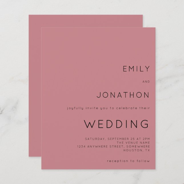 Budget Simple Text Dusty Rose Wedding Invitation (Front/Back)