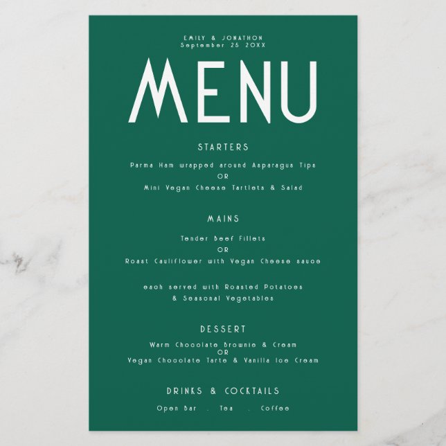 Budget Simple Text Emerald Wedding Menu (Front)
