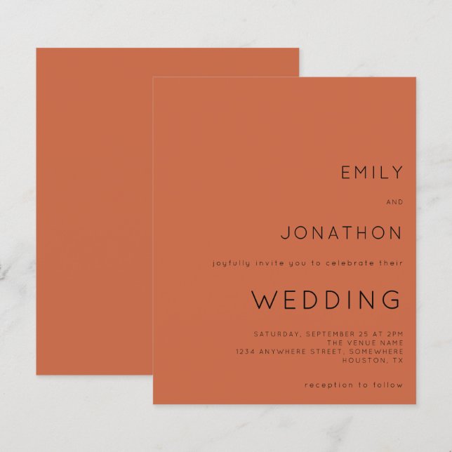 Budget Simple Text Terracotta Wedding Invitation (Front/Back)