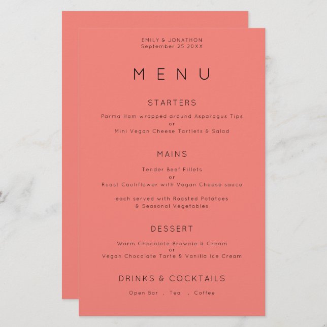 Budget Simple Typography Coral Rose Wedding Menu (Front/Back)