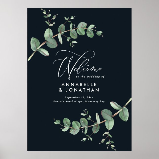 Budget simple wedding elegant black eucalyptus pos poster (Front)