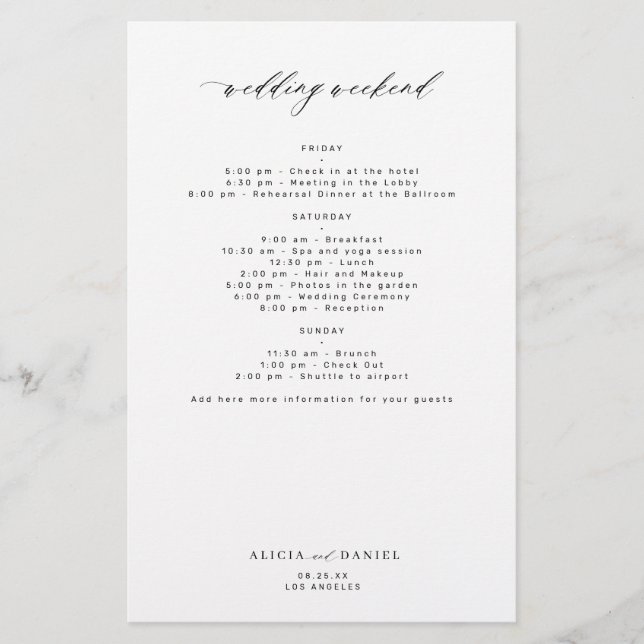 Budget simple wedding weekend itinerary template flyer (Front)