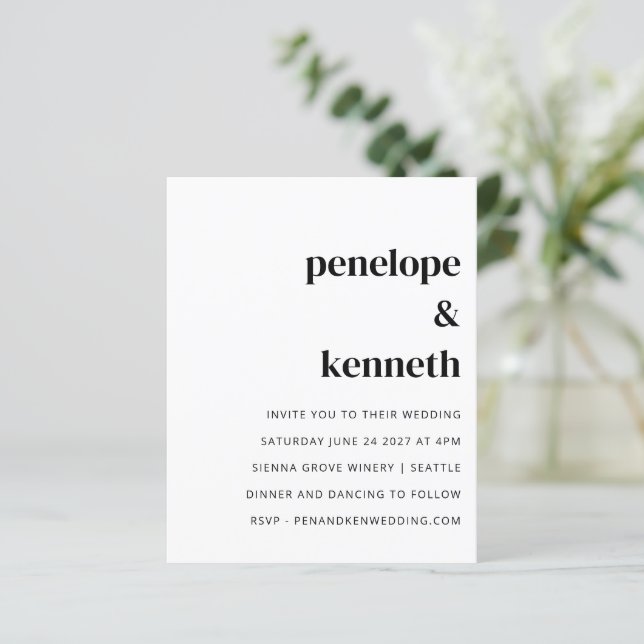 Budget Simple White Modern Wedding Invitation (Standing Front)