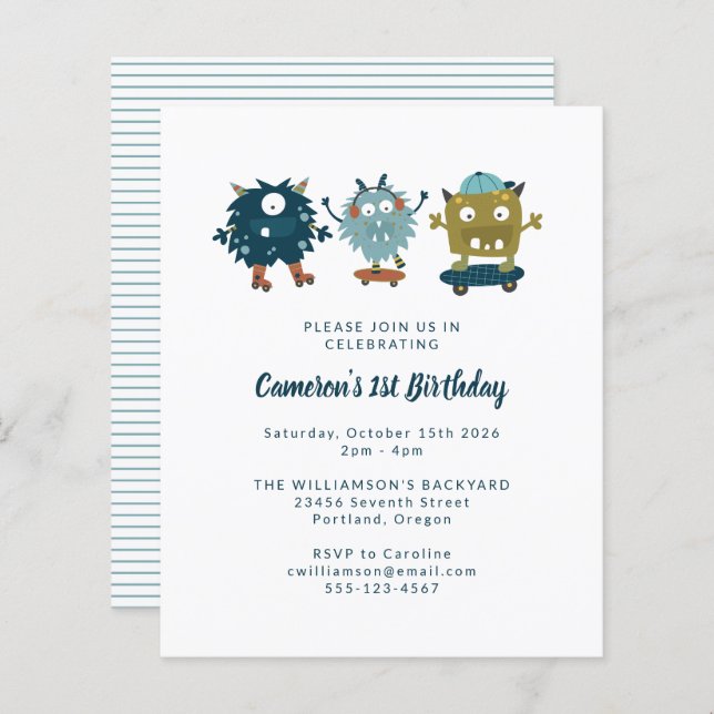 Budget Skateboard Monsters 1st Birthday Invitation (Front/Back)