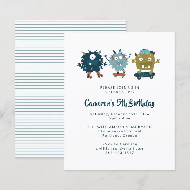 Budget Skateboard Monsters 5th Birthday Invitation (Front/Back)