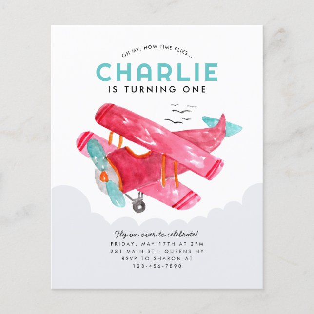 Budget Sky Cloud Watercolor Red Aeroplane Birthday (Front)