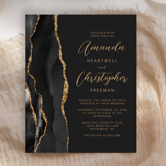 Budget Slate Black Gold Agate Wedding Invitation (Creator Uploaded)