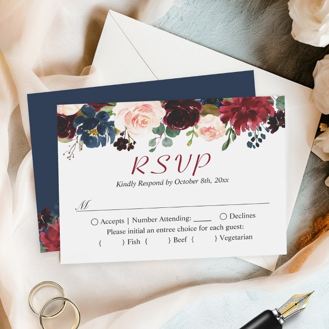Budget Small RSVP | Burgundy Red Navy Blue Floral Card (Creator Uploaded)
