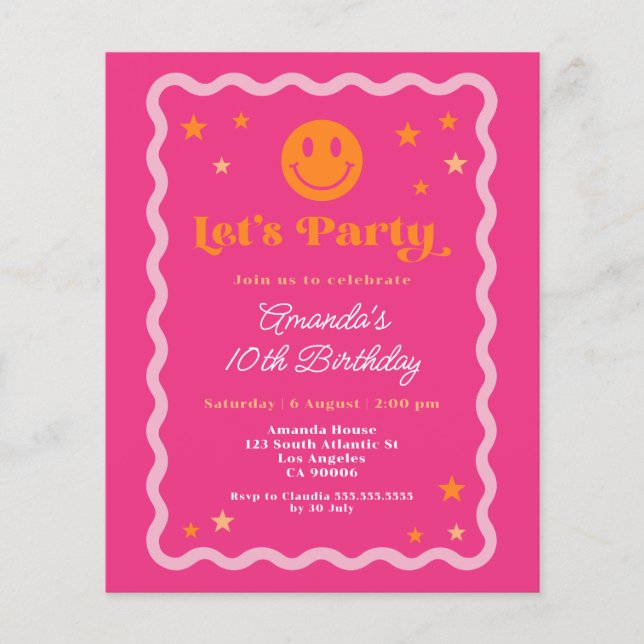Budget Smile Face Pink Orange Girl Birthday Invite (Front)