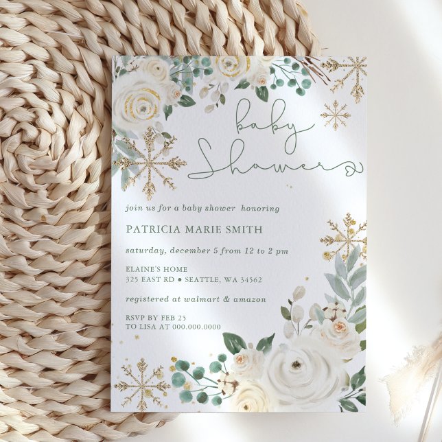 Budget Snowflake Gender neutral Baby Shower (Christmas Winter Snowflake Floral baby shower Invitation)