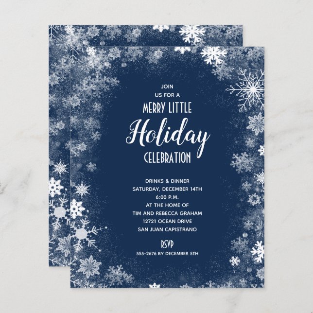Budget Snowflakes on Navy Holiday Invitations (Front/Back)