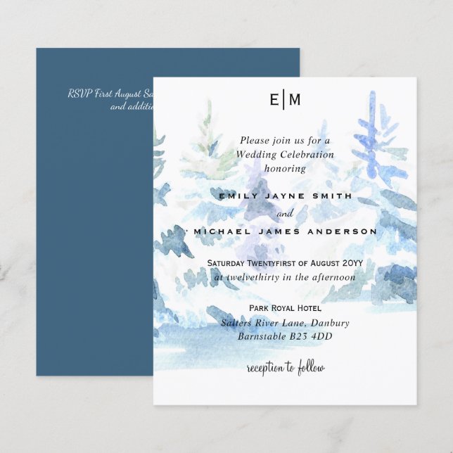 Budget Snowy Mountain Trees Skiing Wedding Invites (Front/Back)