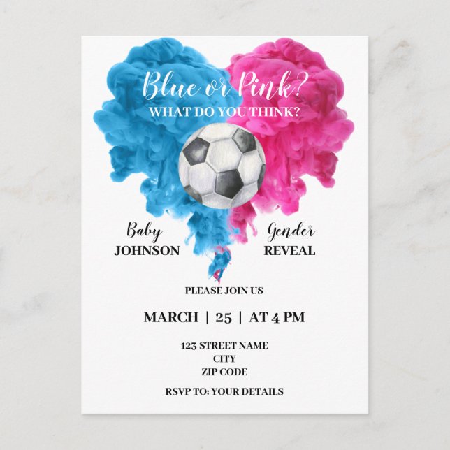 Budget soccer gender reveal invitation postcard (Front)