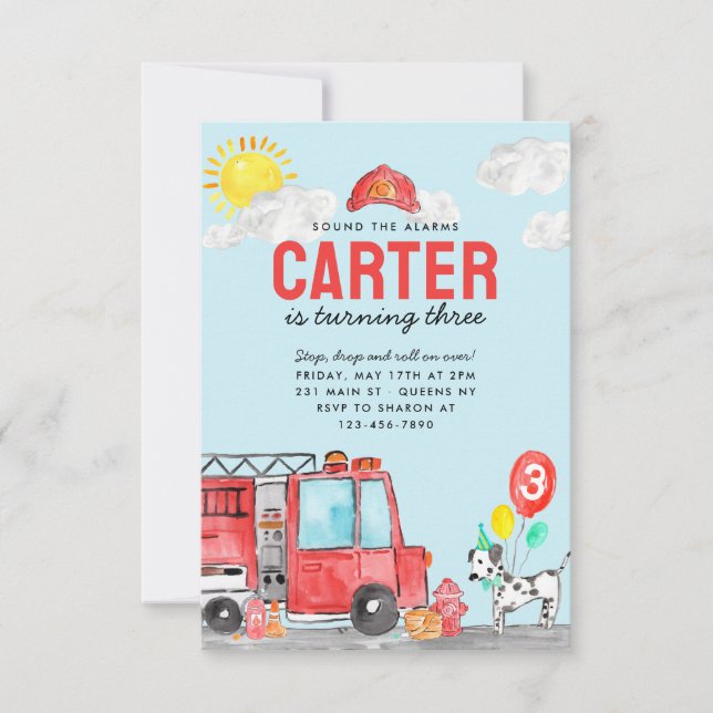 Budget Sound Alarm Fire Truck Firefighter Birthday Card (Front)