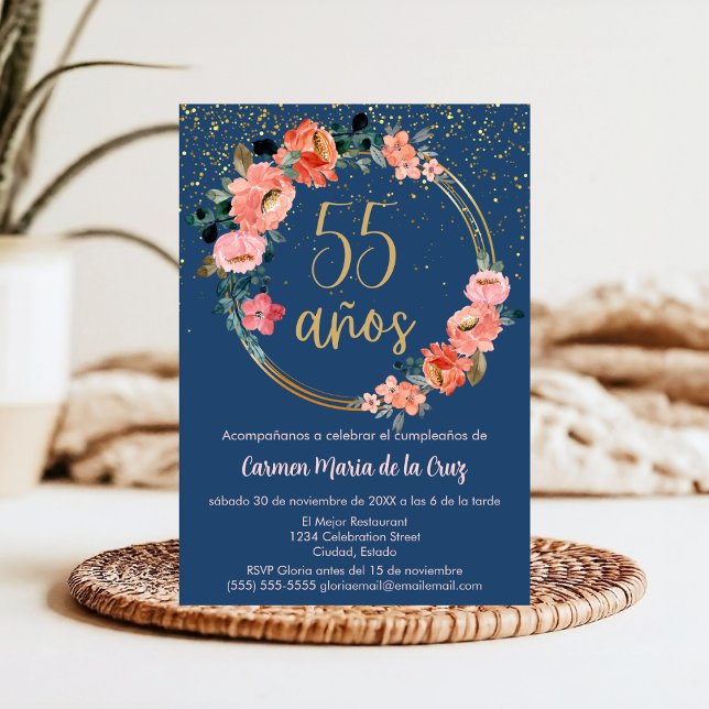 Budget Spanish Beautiful Gold Floral 55th Birthday Invitation (Creator Uploaded)