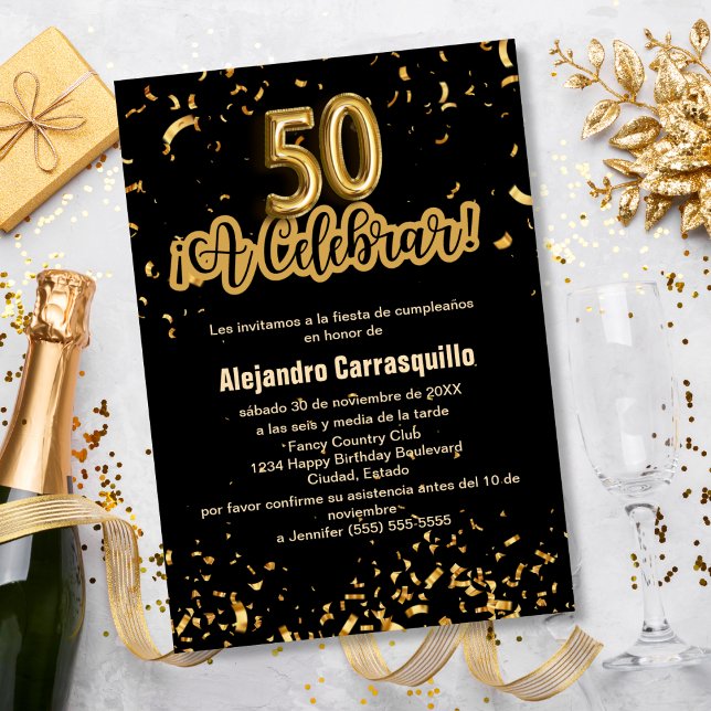 Budget Spanish Black & Gold Confetti 50th Birthday Invitation (Creator Uploaded)