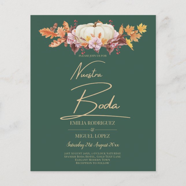 BUDGET Spanish BODA Pumpkin Green Gold Wedding Flyer (Front)