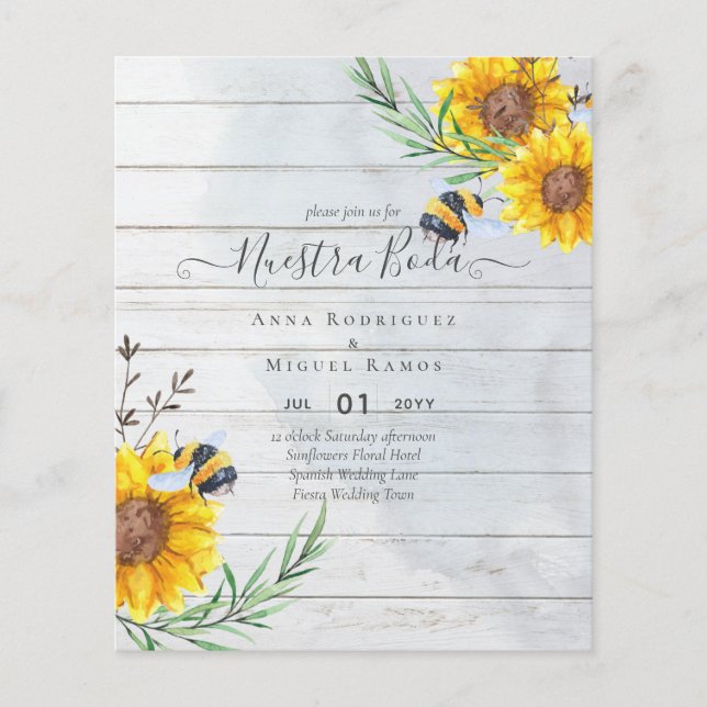 BUDGET Spanish BODA Sunflowers Bees Invitations Flyer (Front)