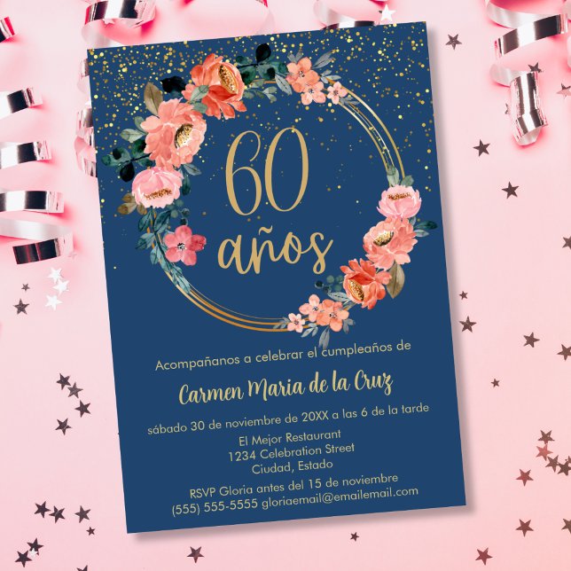 Budget Spanish Elegant Floral 60th Birthday Party Invitation (Creator Uploaded)