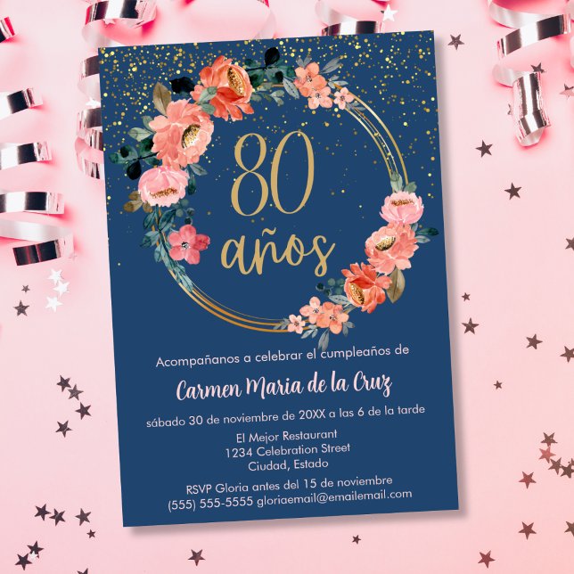 Budget Spanish Elegant Floral 80th Birthday Party Invitation (Creator Uploaded)